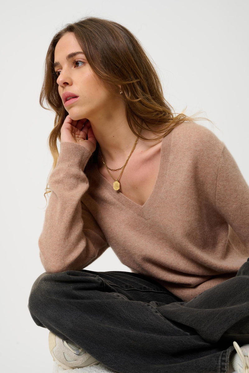 Pull Col V Devant Et Dos - Giegn - Camel Chiné