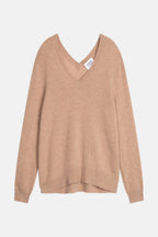 Jersey de cuello en V delantero y trasero - Giegn - Camel jaspeado