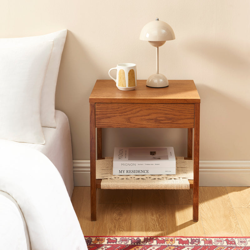 Table De Chevet Ginko - Placage Chêne Couleur Noyer Et Corde