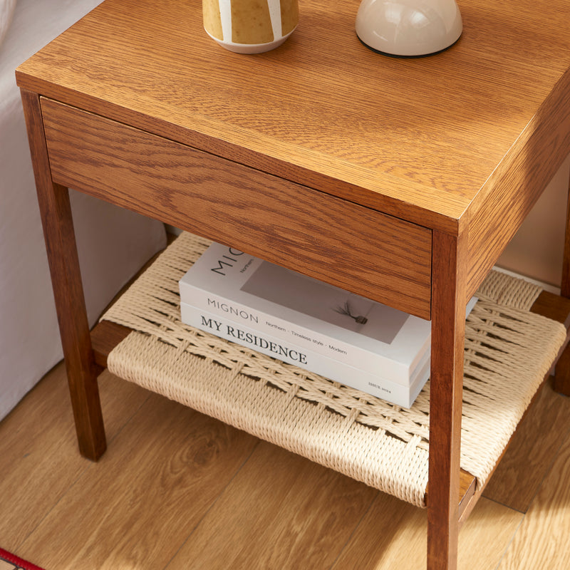 Table De Chevet Ginko - Placage Chêne Couleur Noyer Et Corde