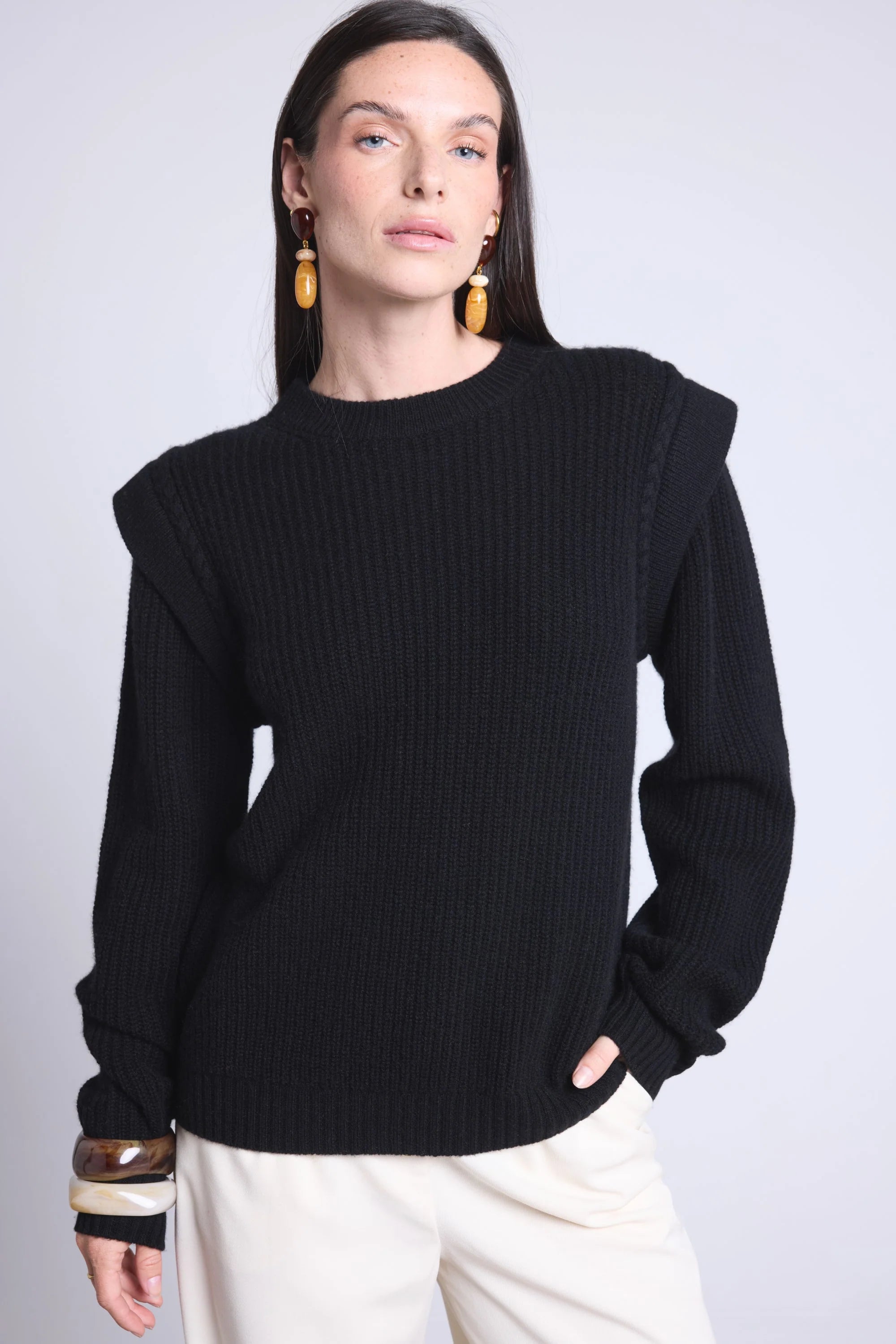 Ginola Structured Shoulder Crew-Neck Jumper - Black - Women
