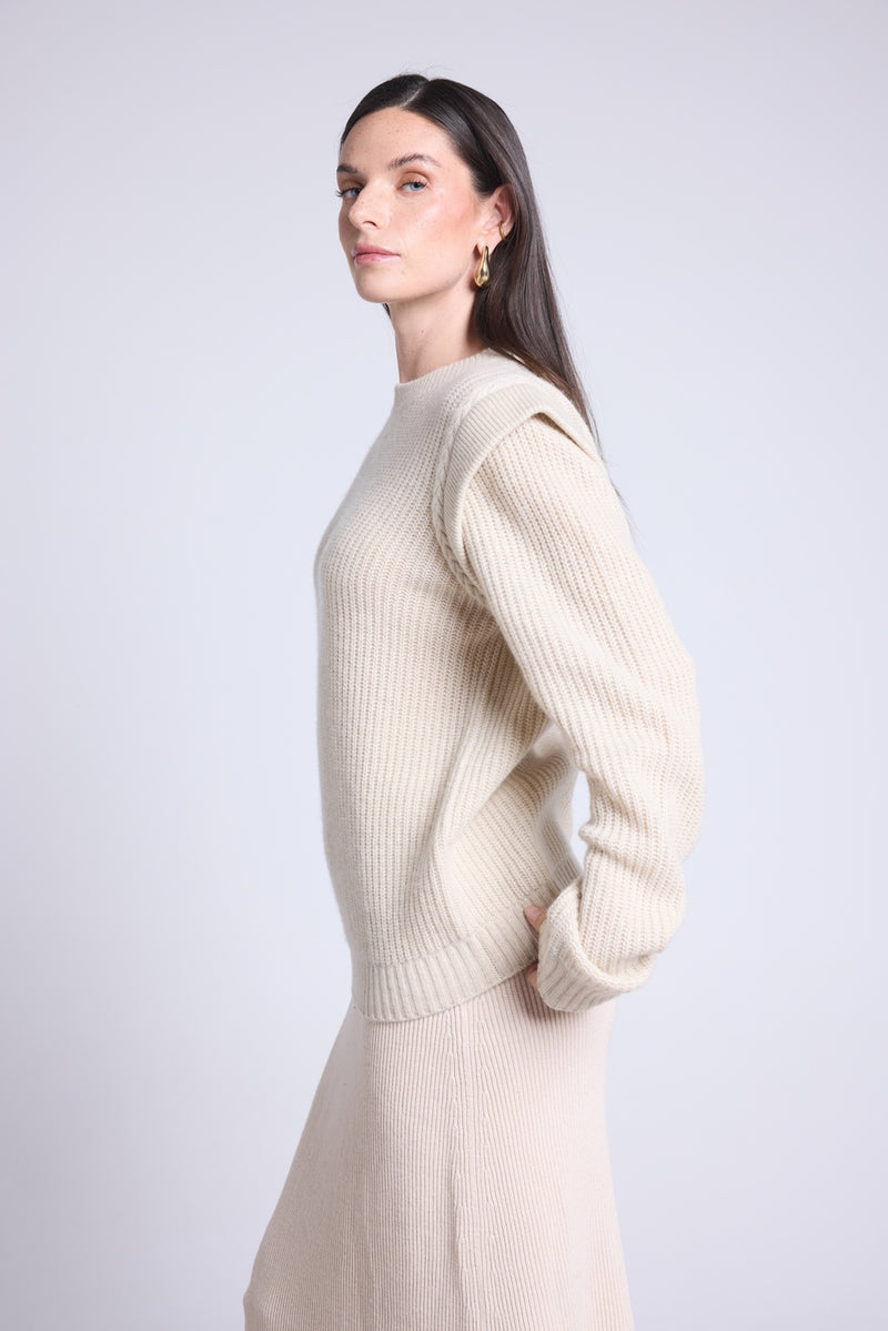 Pull Col Rond Epaules Structurees Ginola - Beige Creme - Femme