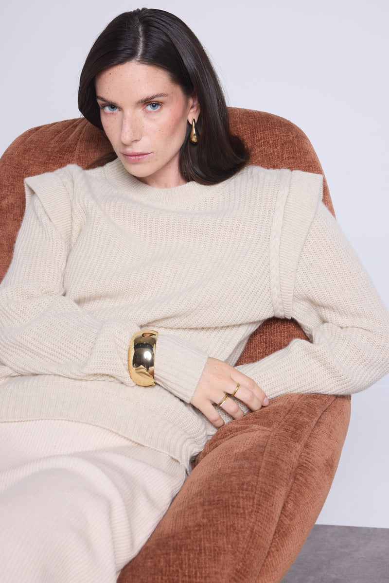Pull Col Rond Epaules Structurees Ginola - Beige Creme - Femme
