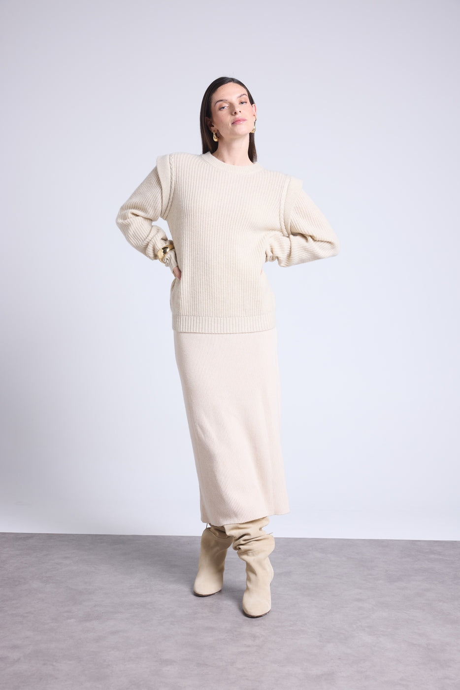 Jersey Cuello Redondo Hombros Estructurados Ginola - Beige Crema - Mujer