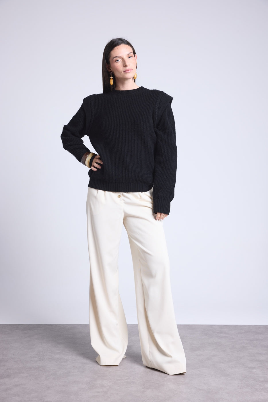 Ginola Structured Shoulder Crew-Neck Jumper - Black - Women