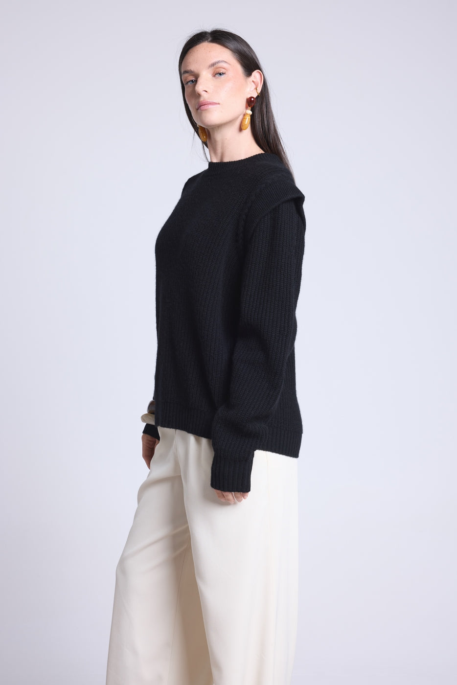 Ginola Structured Shoulder Crew-Neck Jumper - Black - Women