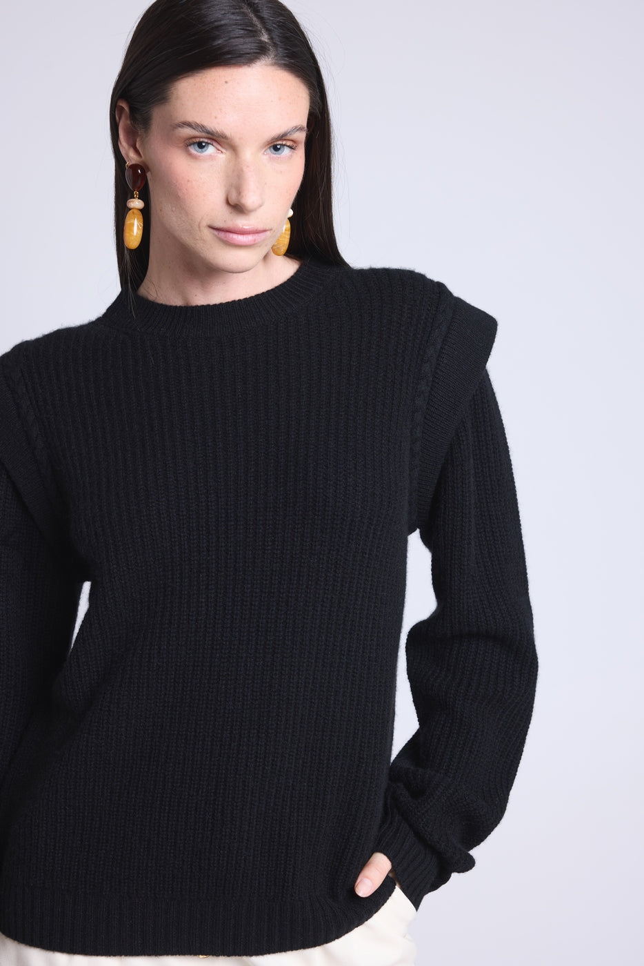 Ginola Structured Shoulder Crew-Neck Jumper - Black - Women