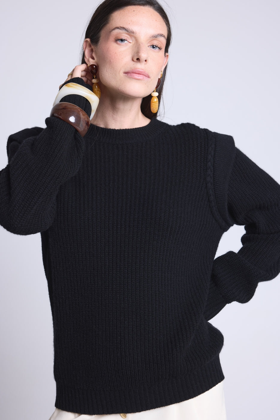 Ginola Structured Shoulder Crew-Neck Jumper - Black - Women