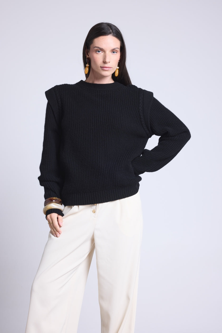 Ginola Structured Shoulder Crew-Neck Jumper - Black - Women
