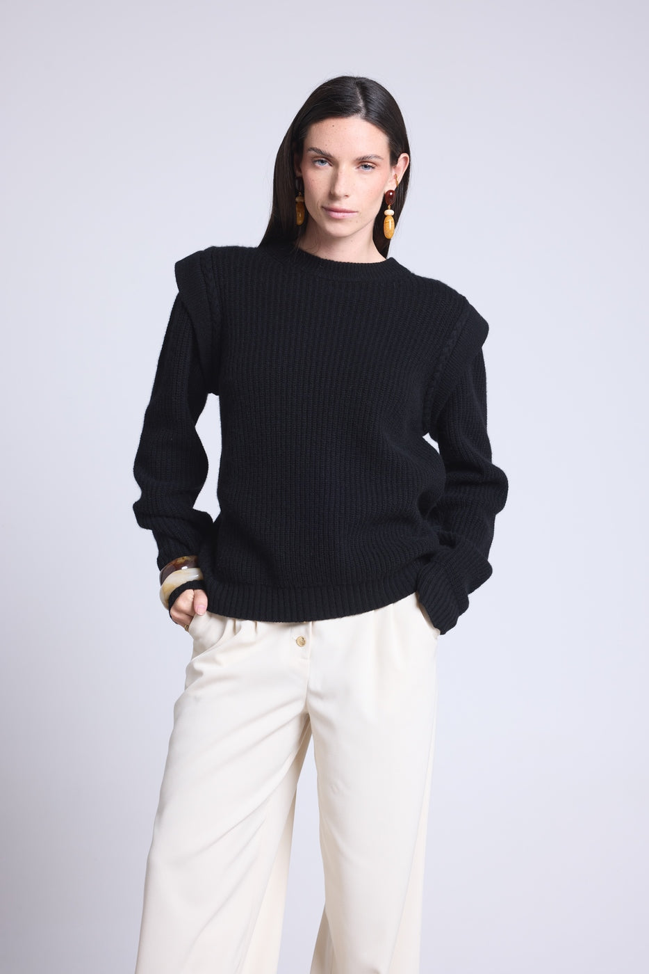 Ginola Structured Shoulder Crew-Neck Jumper - Black - Women