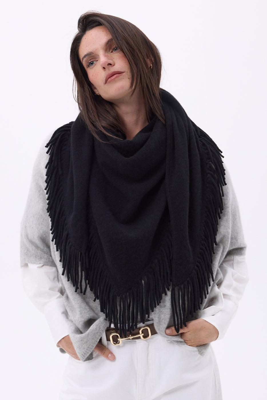 Gioia Large Fringed Triangle Bandana Scarf - Black - Women