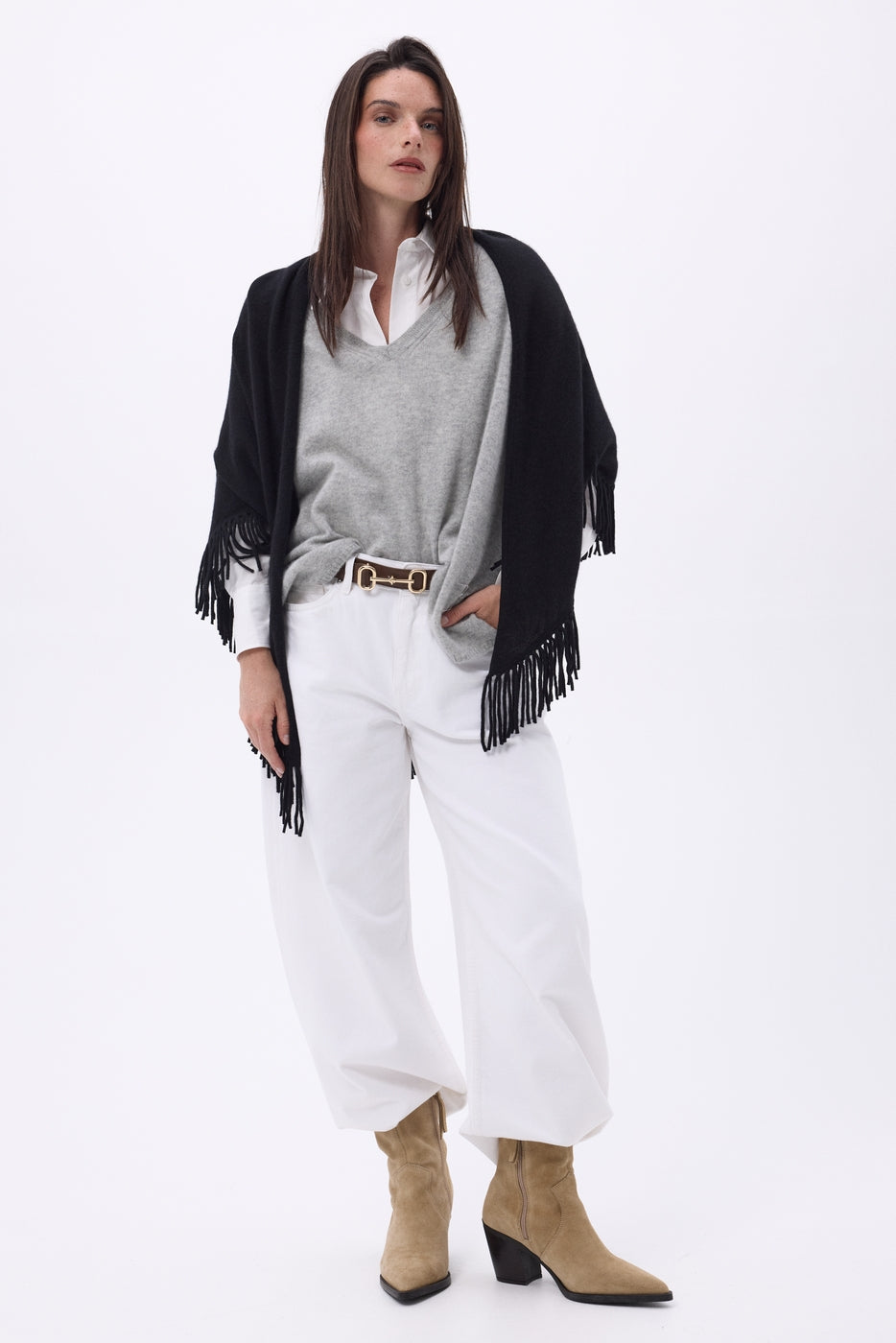 Gioia Large Fringed Triangle Bandana Scarf - Black - Women