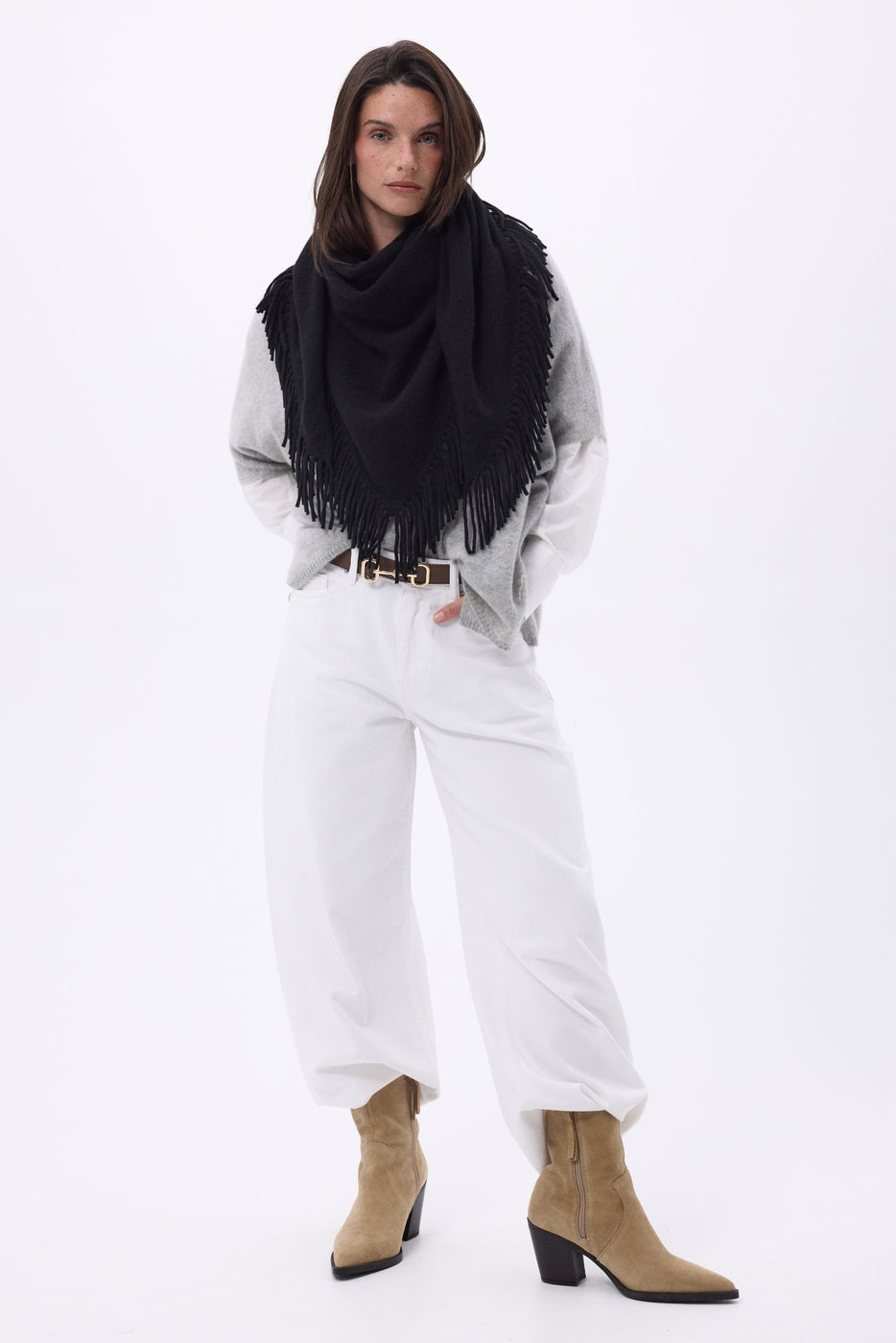 Gioia Large Fringed Triangle Bandana Scarf - Black - Women