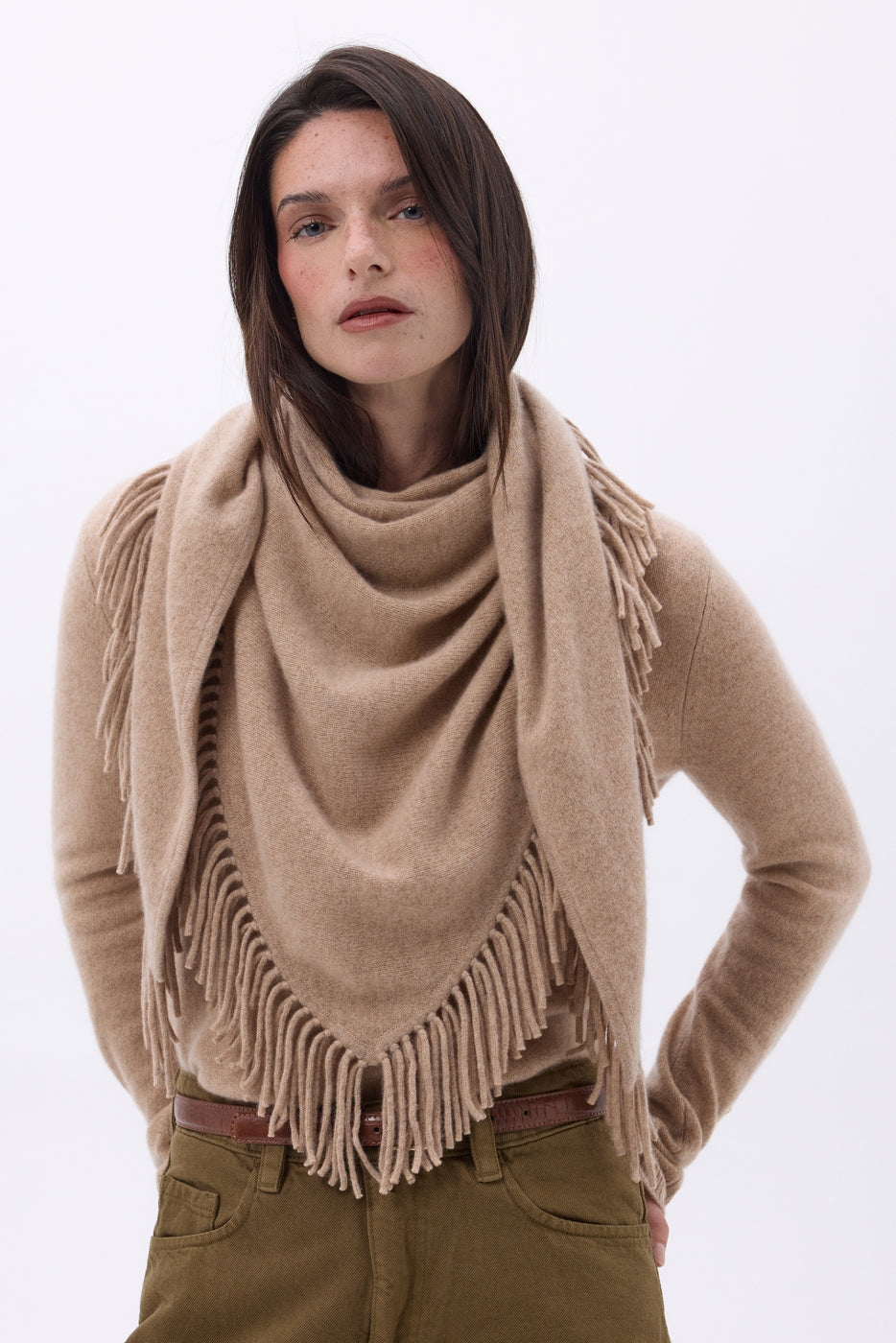 Grande Echarpe Triangle Bandana À Franges Gioia - Beige Creme - Femme
