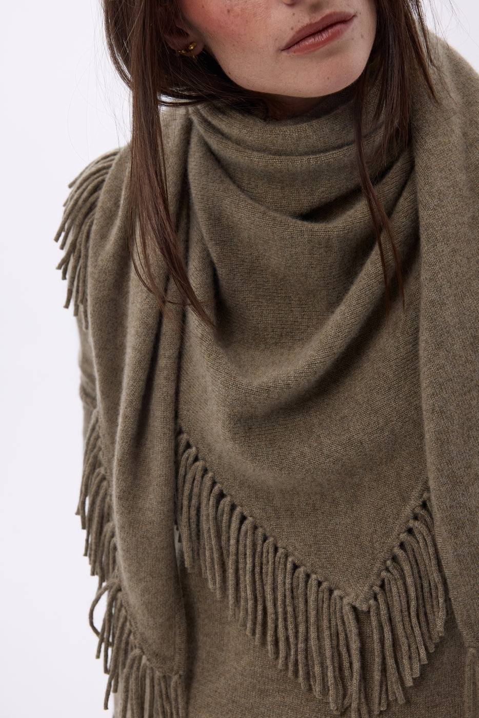 Gran pañuelo triangular bandana con flecos Gioia - Caqui jaspeado - Mujer