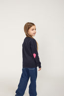 Pull Col Rond Cœur Coudes Giulia - Bleu Marine Et Rose Fluo - 100% Cachemire Oeko-Tex - Enfant