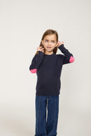 Pull Col Rond Cœur Coudes Giulia - Bleu Marine Et Rose Fluo - 100% Cachemire Oeko-Tex - Enfant