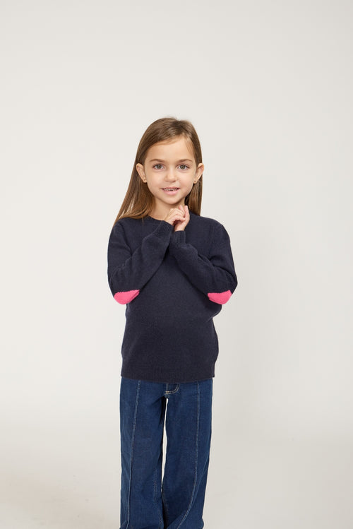 Pull Col Rond Cœur Coudes Giulia - Bleu Marine Et Rose Fluo - 100% Cachemire Oeko-Tex - Enfant