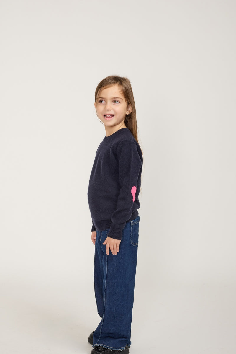 Pull Col Rond Cœur Coudes Giulia - Bleu Marine Et Rose Fluo - 100% Cachemire Oeko-Tex - Enfant