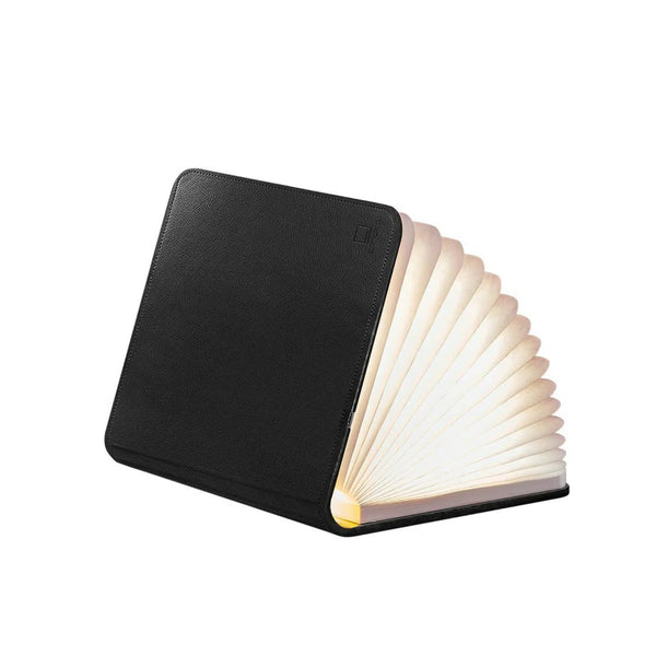 Gingko Design – Lámpara Smart Book LED - Cuero Negro - 2 Tamaños, libro luminoso negro abierto, páginas blancas iluminadas, sobre fondo blanco