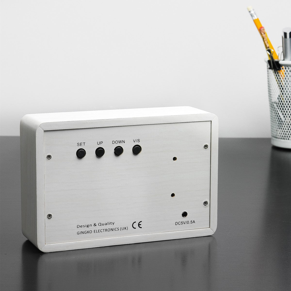 Gingko Design – Brick Click Alarm Clock - White / White LED, white wooden alarm clock, back view with buttons