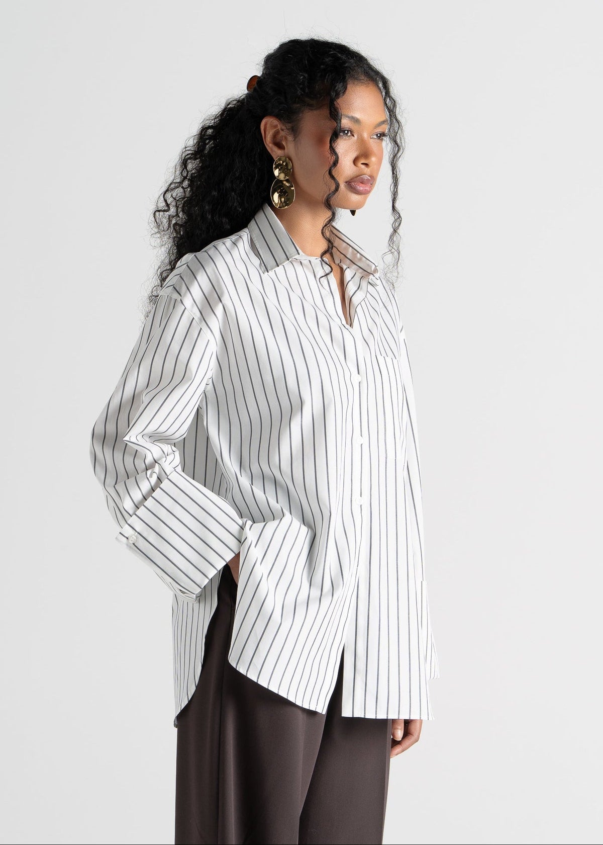 Chemise Gia Wide Cuff Cotton - White & Brown