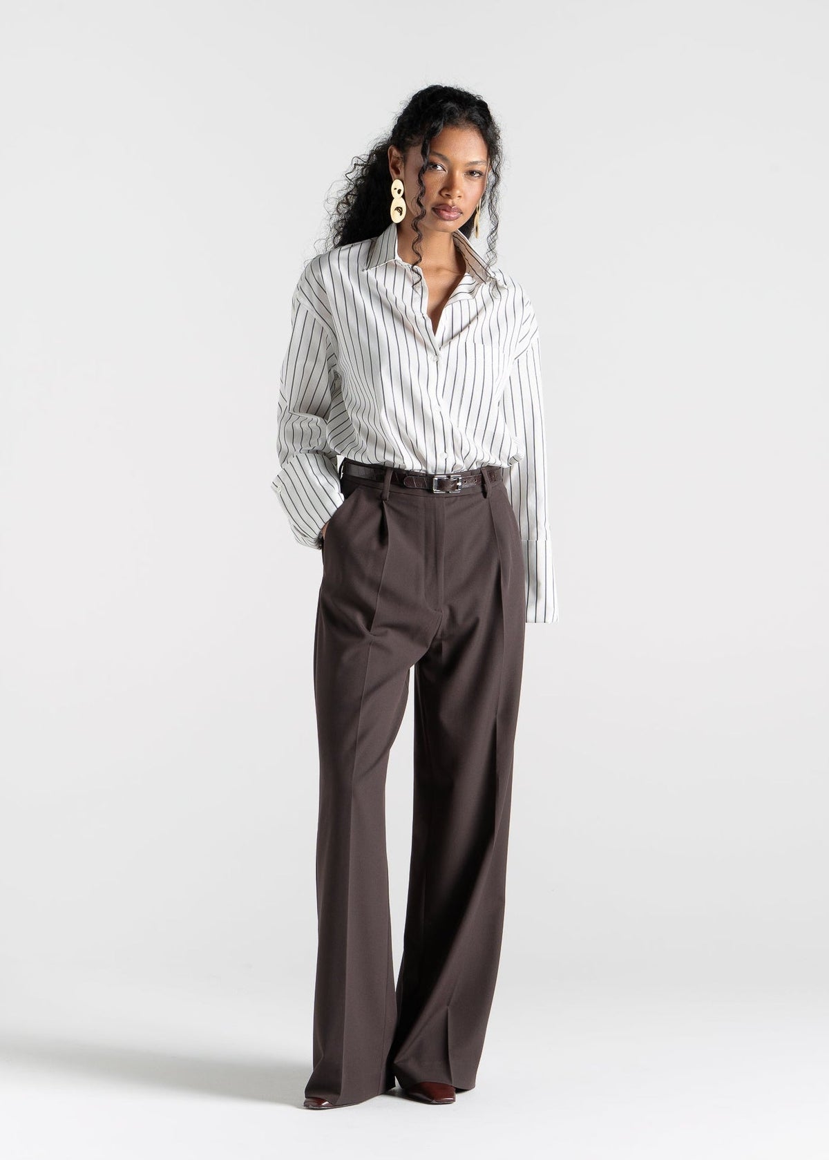 Chemise Gia Wide Cuff Cotton - White & Brown