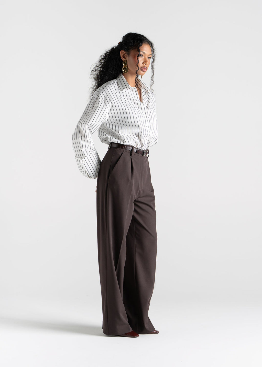 Chemise Gia Wide Cuff Cotton - White & Brown