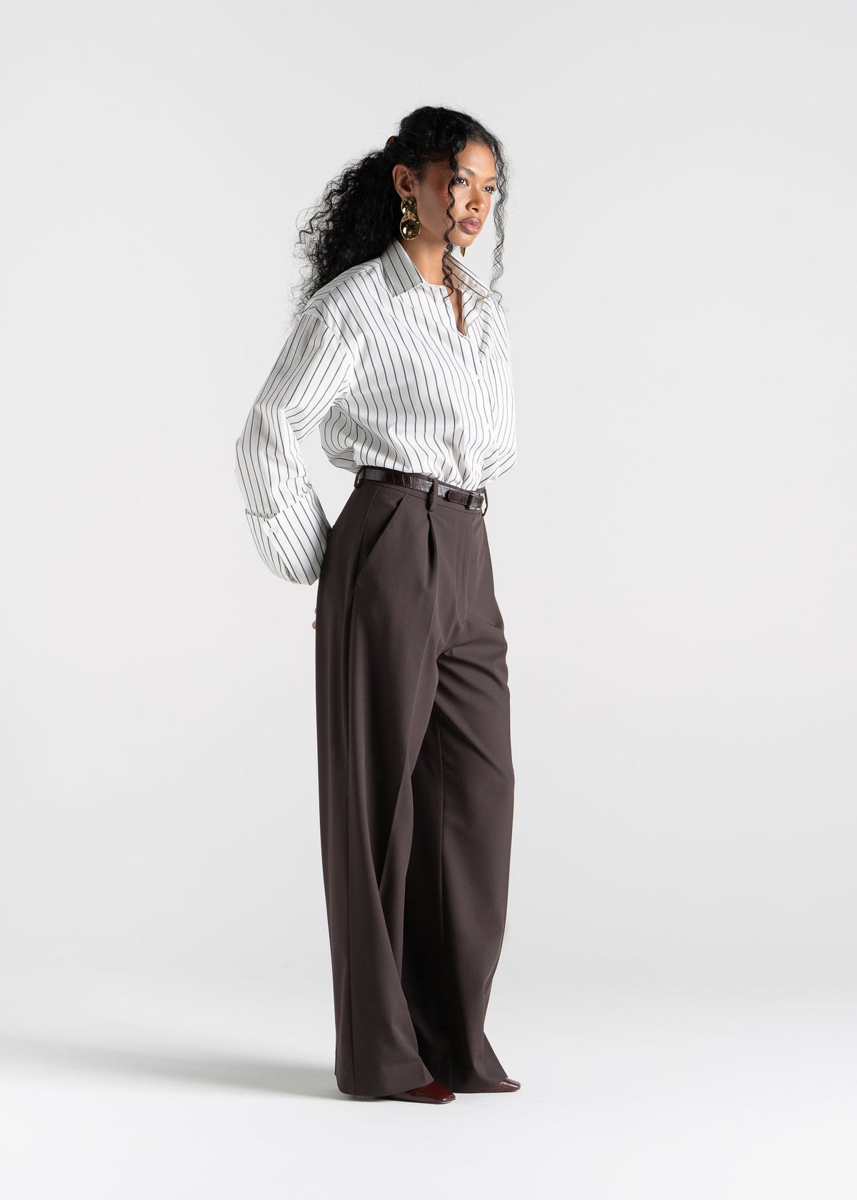 Chemise Gia Wide Cuff Cotton - White & Brown