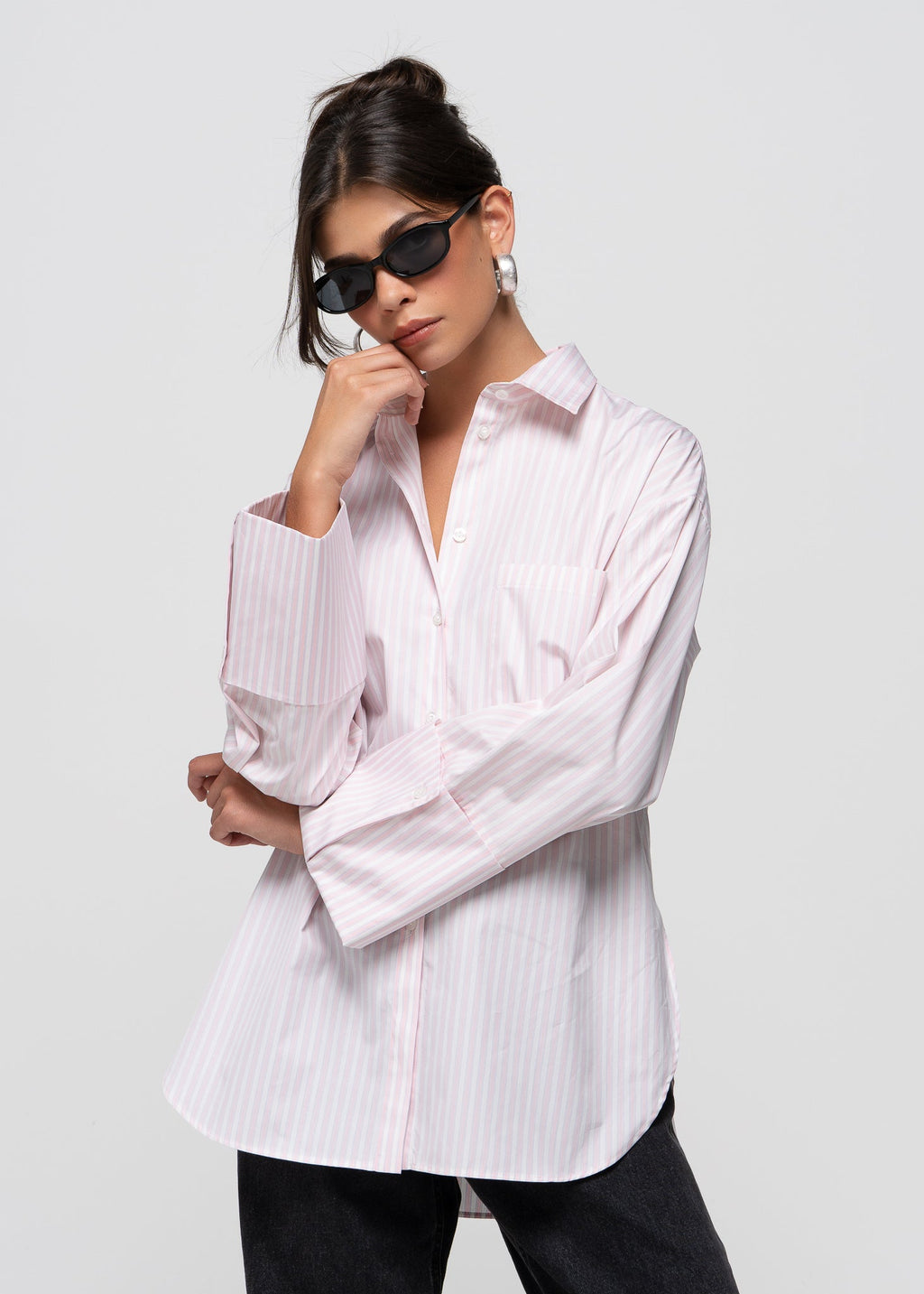 Chemise Gia Wide Cuff Cotton - Pink White & Blue Stripes