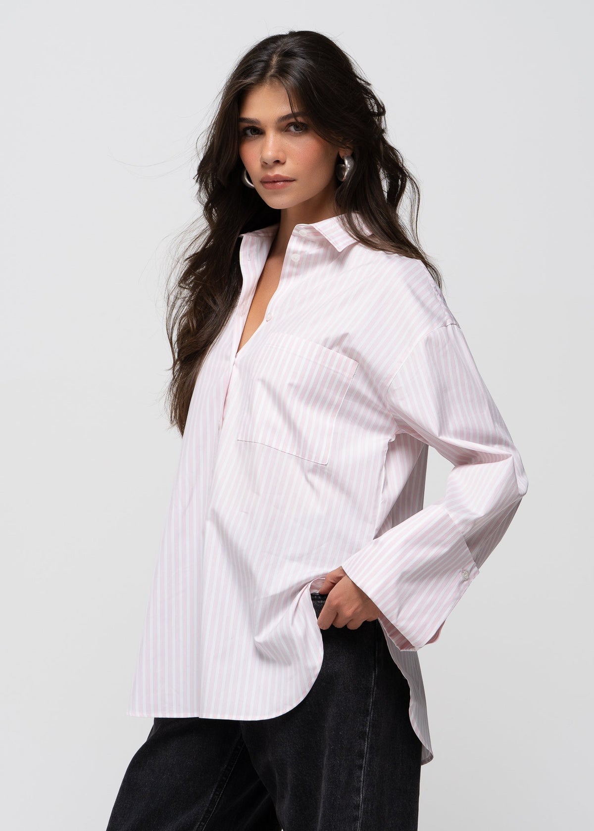 Chemise Gia Wide Cuff Cotton - Pink White & Blue Stripes