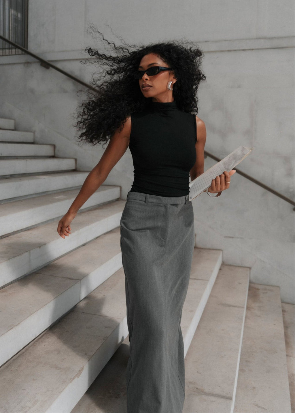 Keanu Tailored Mid-Waist Midi Skirt - Grey