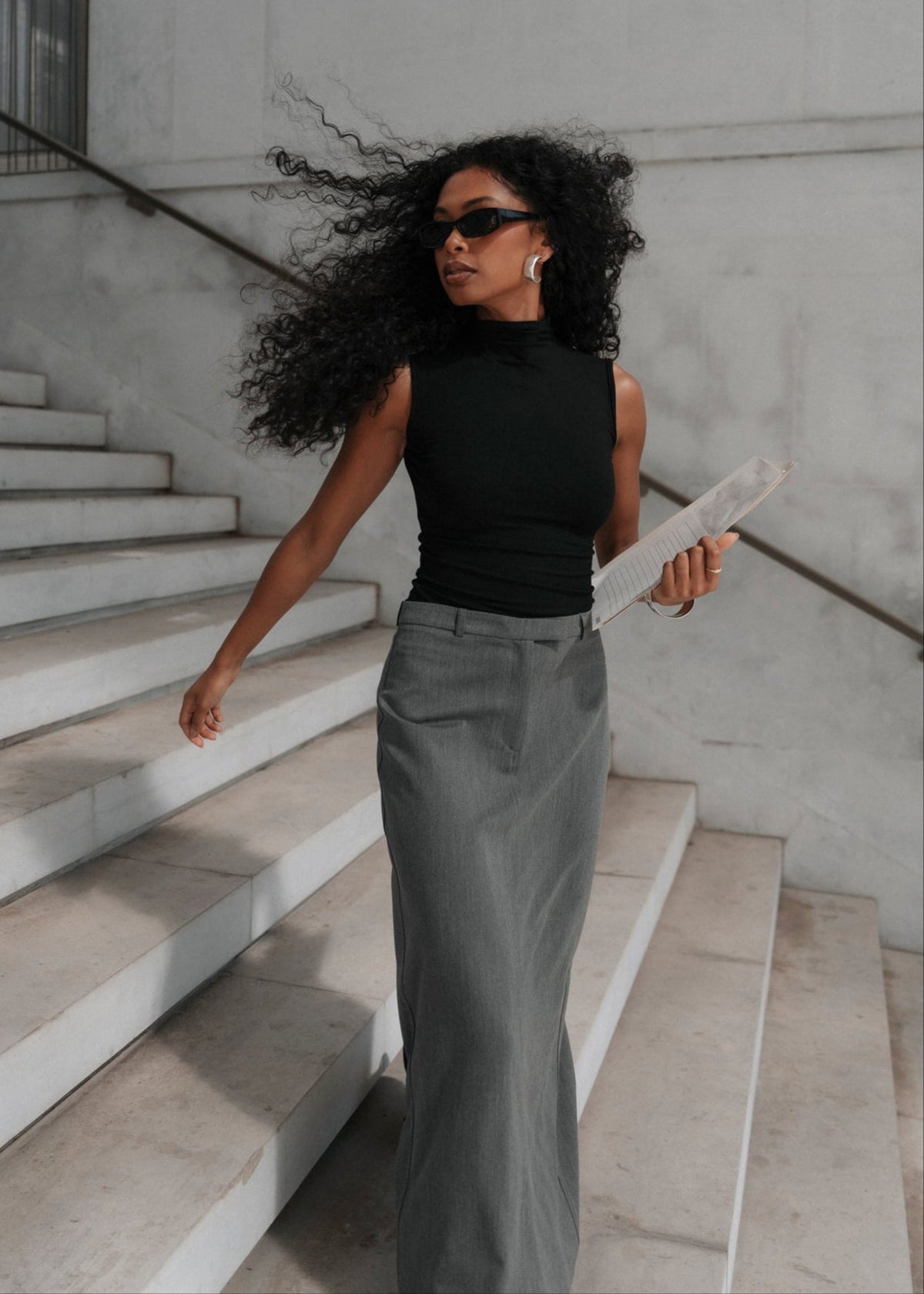 Keanu Tailored Mid-Waist Midi Skirt - Grey