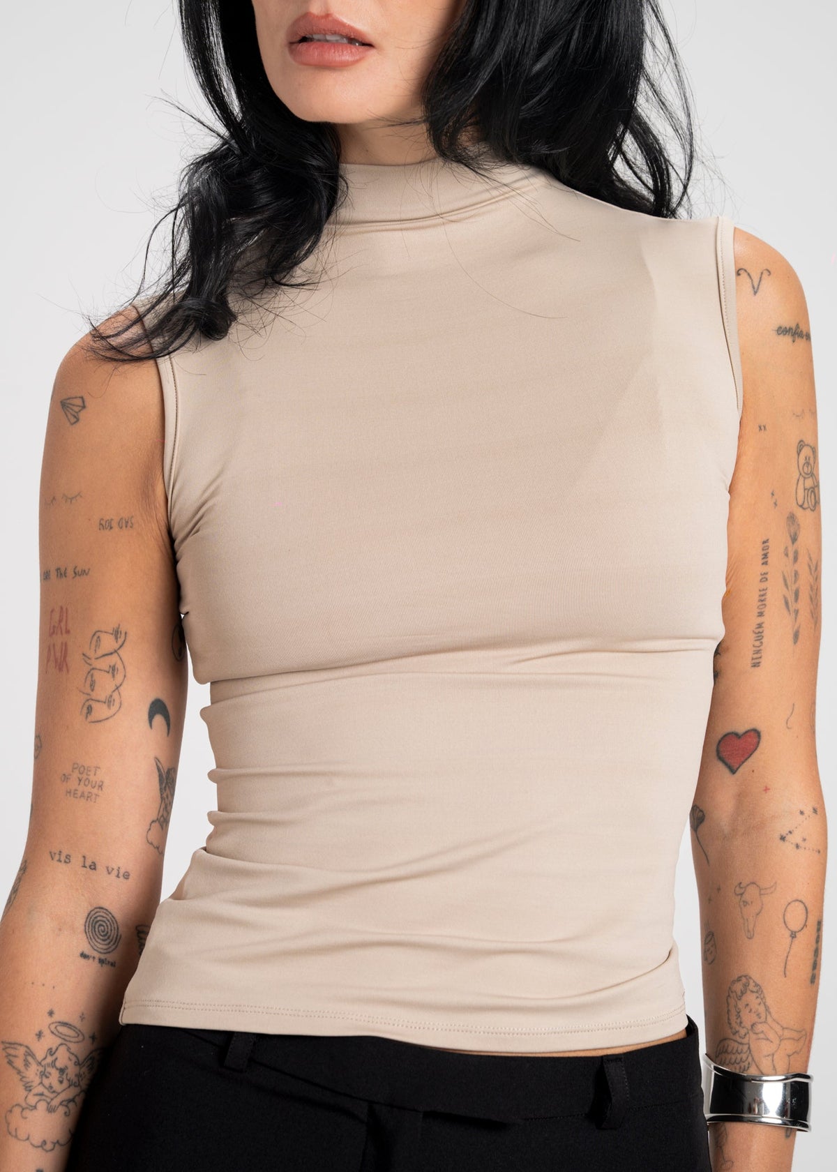 Petra Fitted High-Neck Top - Beige