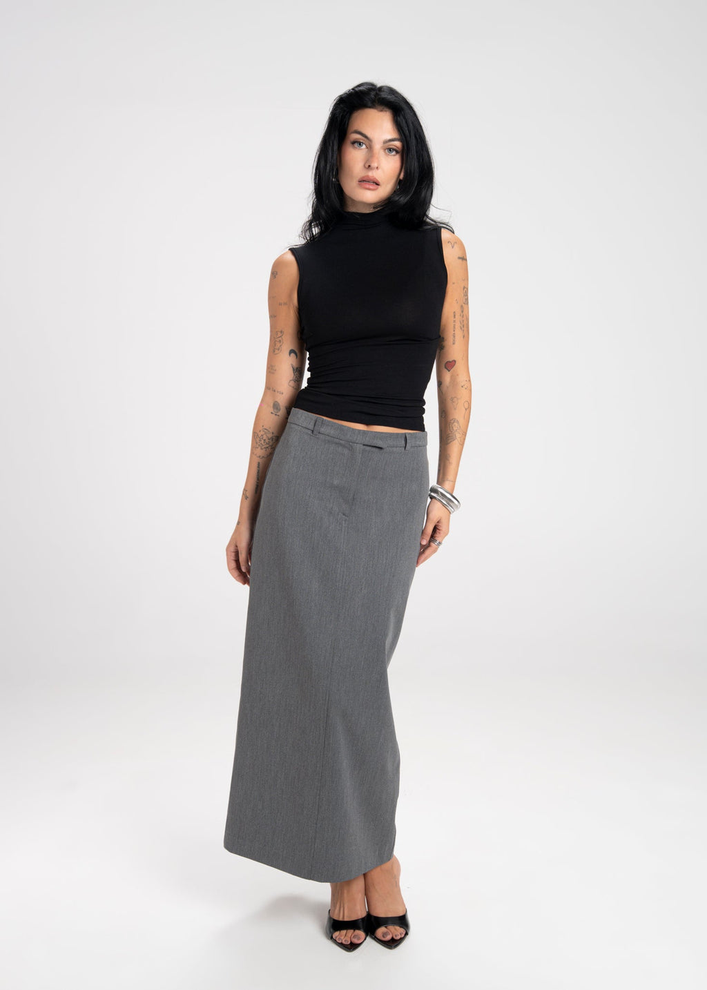 Keanu Tailored Mid-Waist Midi Skirt - Grey