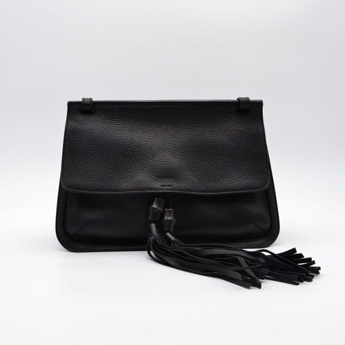 Gucci Daily Flap Cuir Grainé Noir — Pompon Bambou