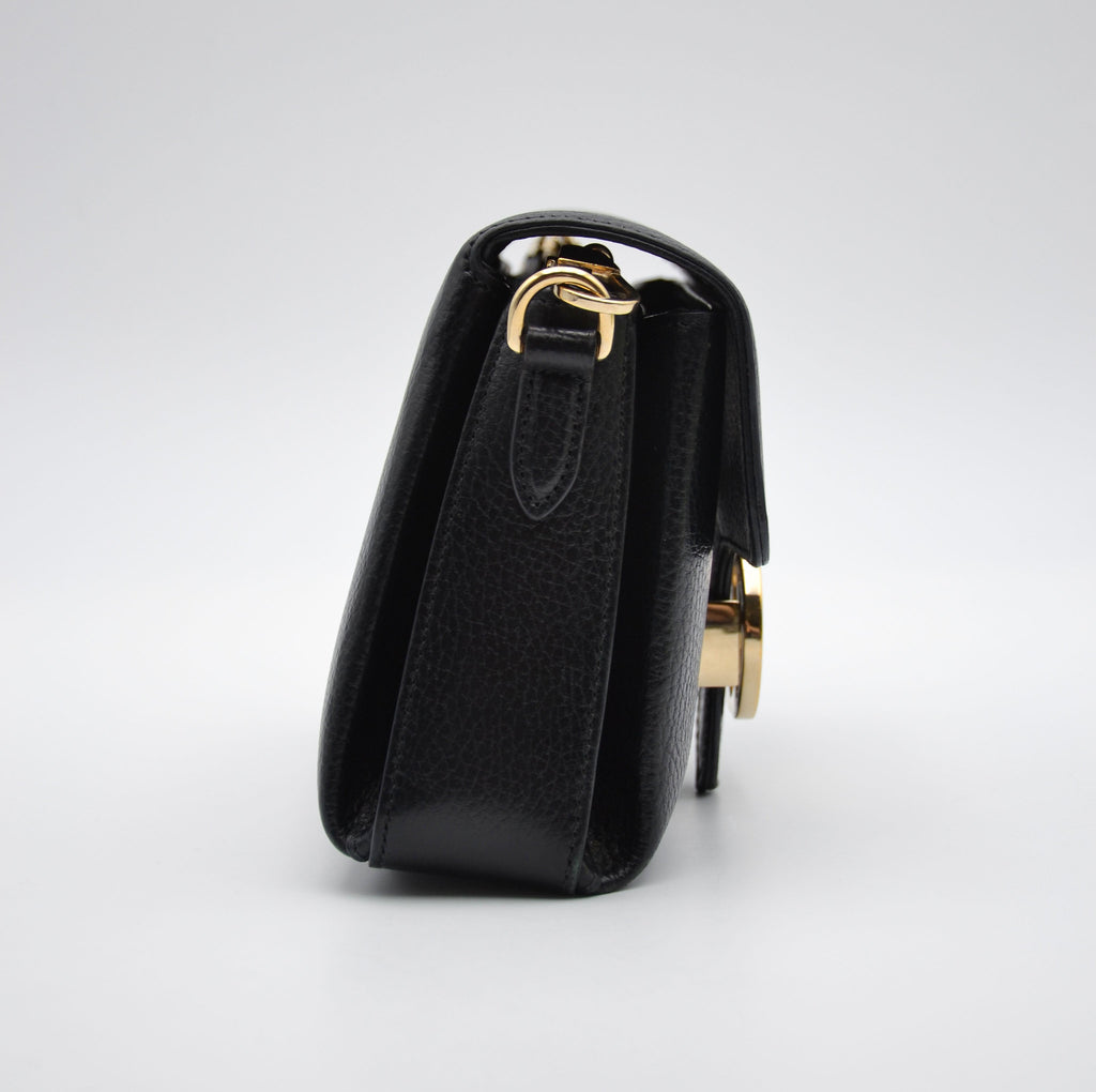 Gucci Interlocking Mini Bag Black Grained Leather Champagne Chain