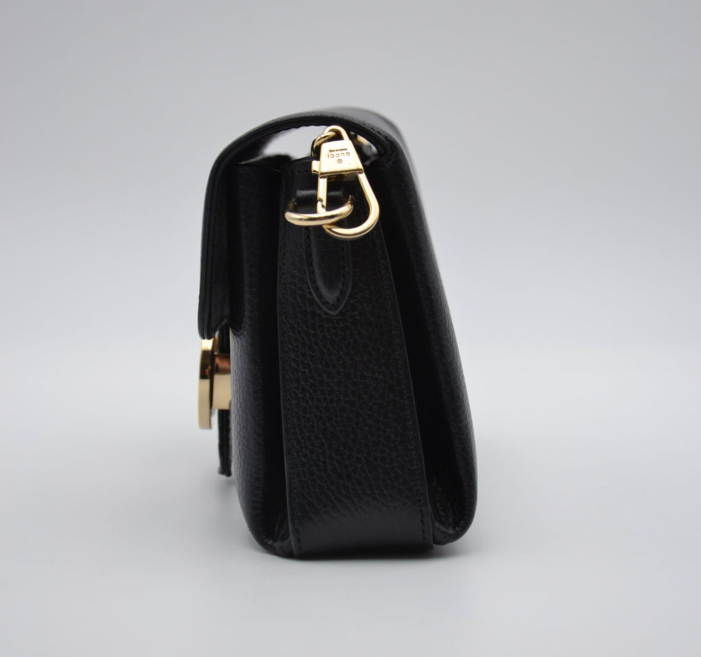 Gucci Interlocking Mini Bag Black Grained Leather Champagne Chain