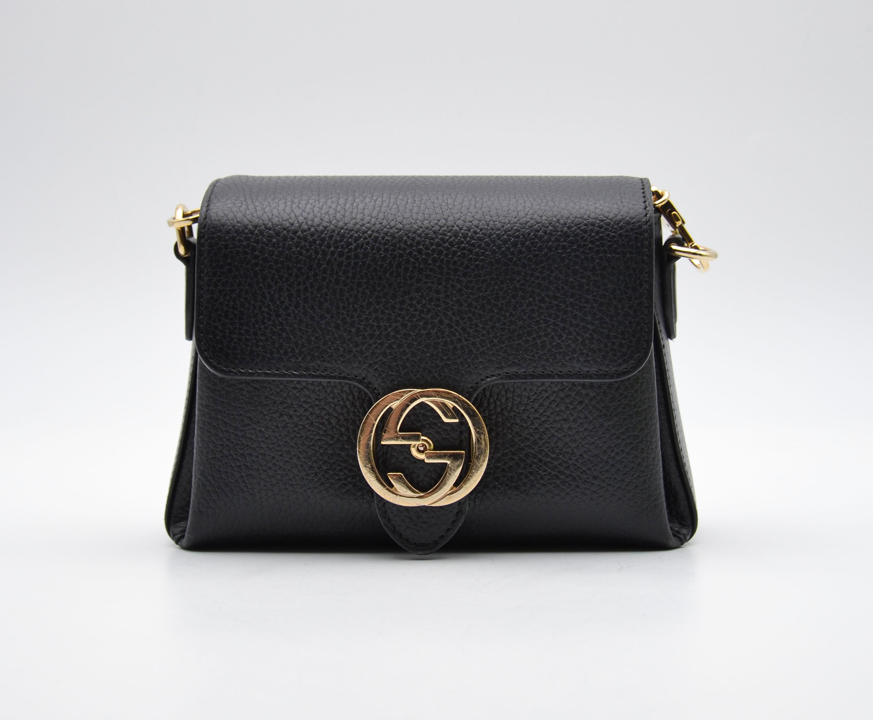 Gucci Interlocking Mini Bag Black Grained Leather Champagne Chain