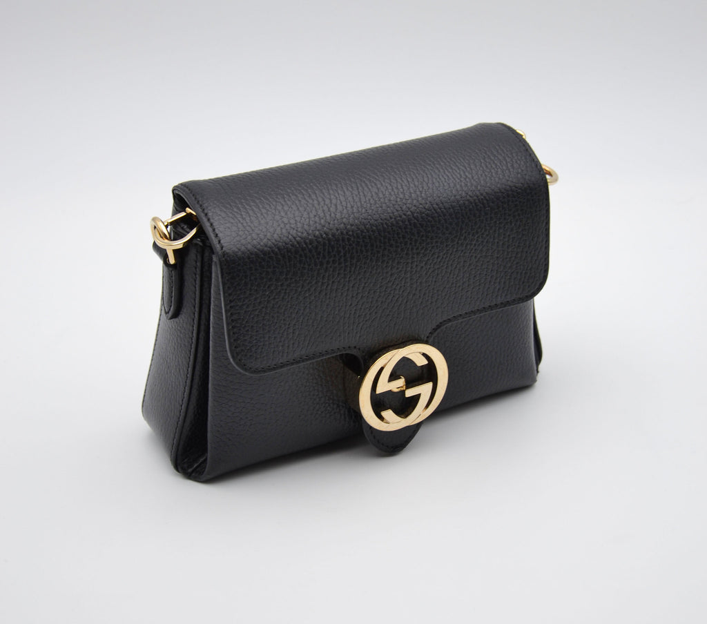 Gucci Interlocking Mini Bag Black Grained Leather Champagne Chain