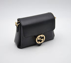 Gucci Interlocking Mini Bag Black Grained Leather Champagne Chain