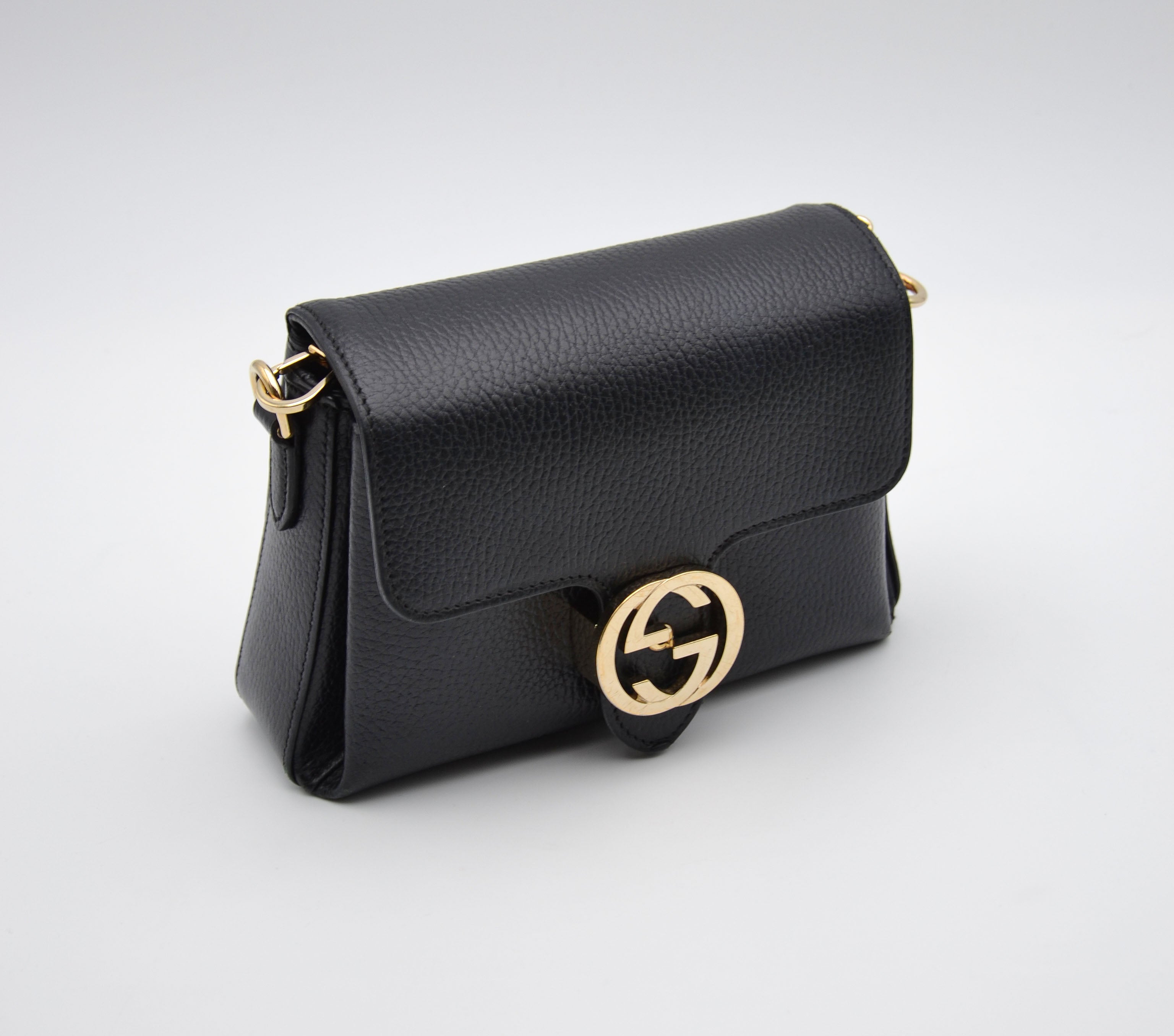 Gucci Interlocking Mini Bag Black Grained Leather Champagne Chain