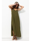 Robe Longue à Bretelles Femme - Kaki Uni Fonce