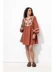 Robe Folk Brodée Femme - Marron Uni Clair