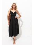 Robe Brodée à Fines Bretelles - Noir Uni Fonce