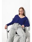 Pull Fin Ajouré Col V Femme - Bleu Uni Colore