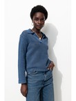 Pull en Coton Col Polo Femme - Bleu Uni Fonce
