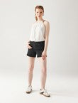 Short en Toile Unie Femme - Noir Uni Fonce