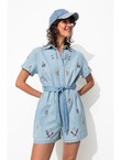 Combishort en Jean Brodé Femme - Jeans Uni Clair