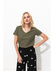 T-shirt Col V Femme - Kaki Uni Fonce